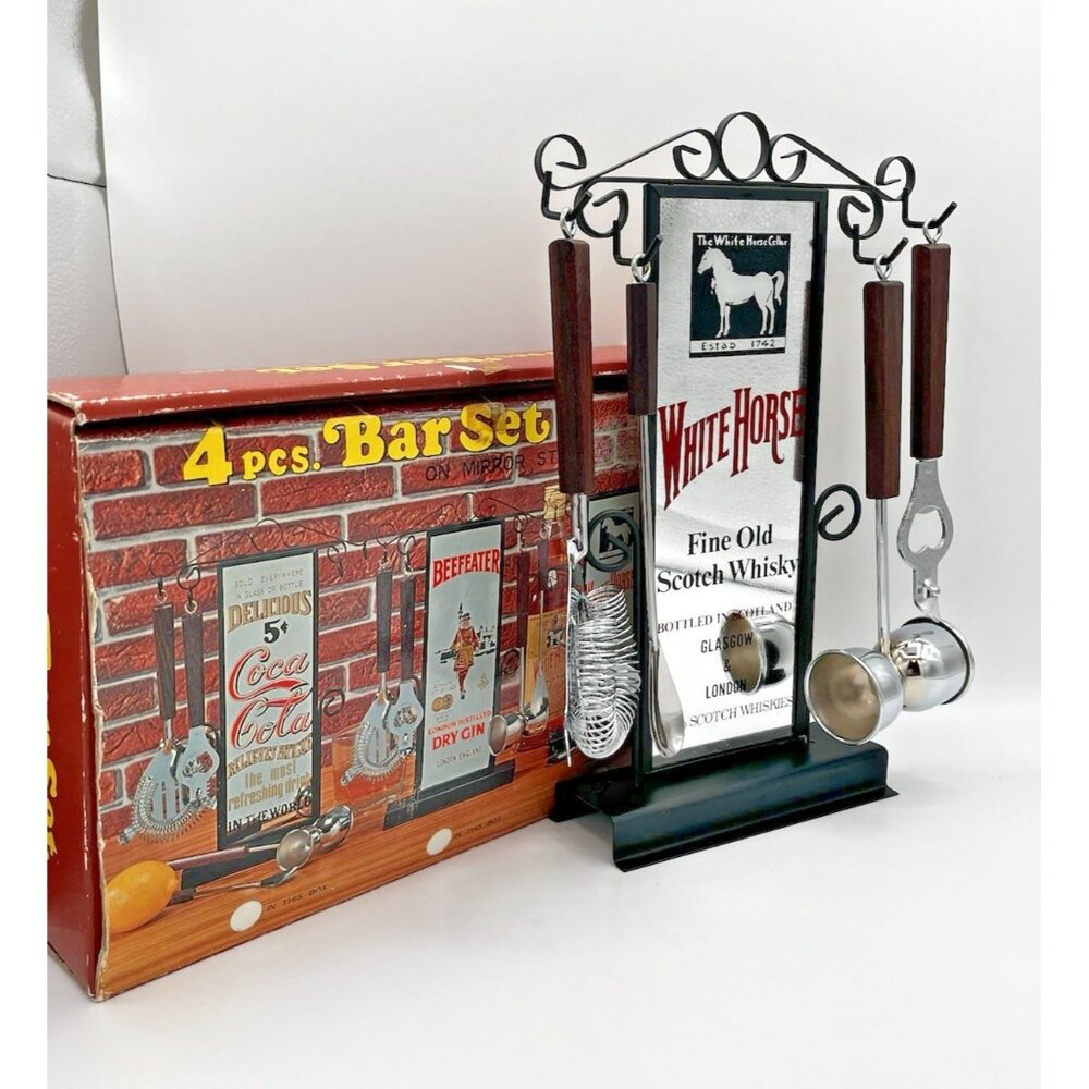 Vintage White Horse Fine Old Scotch Whisky Bar Mirror & 5-Pc Mixing Set w/box